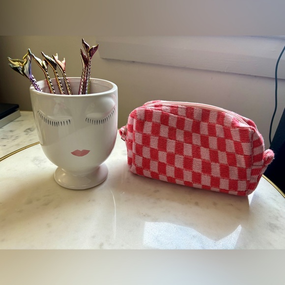 Other - Mermaid Makeup Brush Set with Ceramic Cup & Gingham Cosmetic Bag